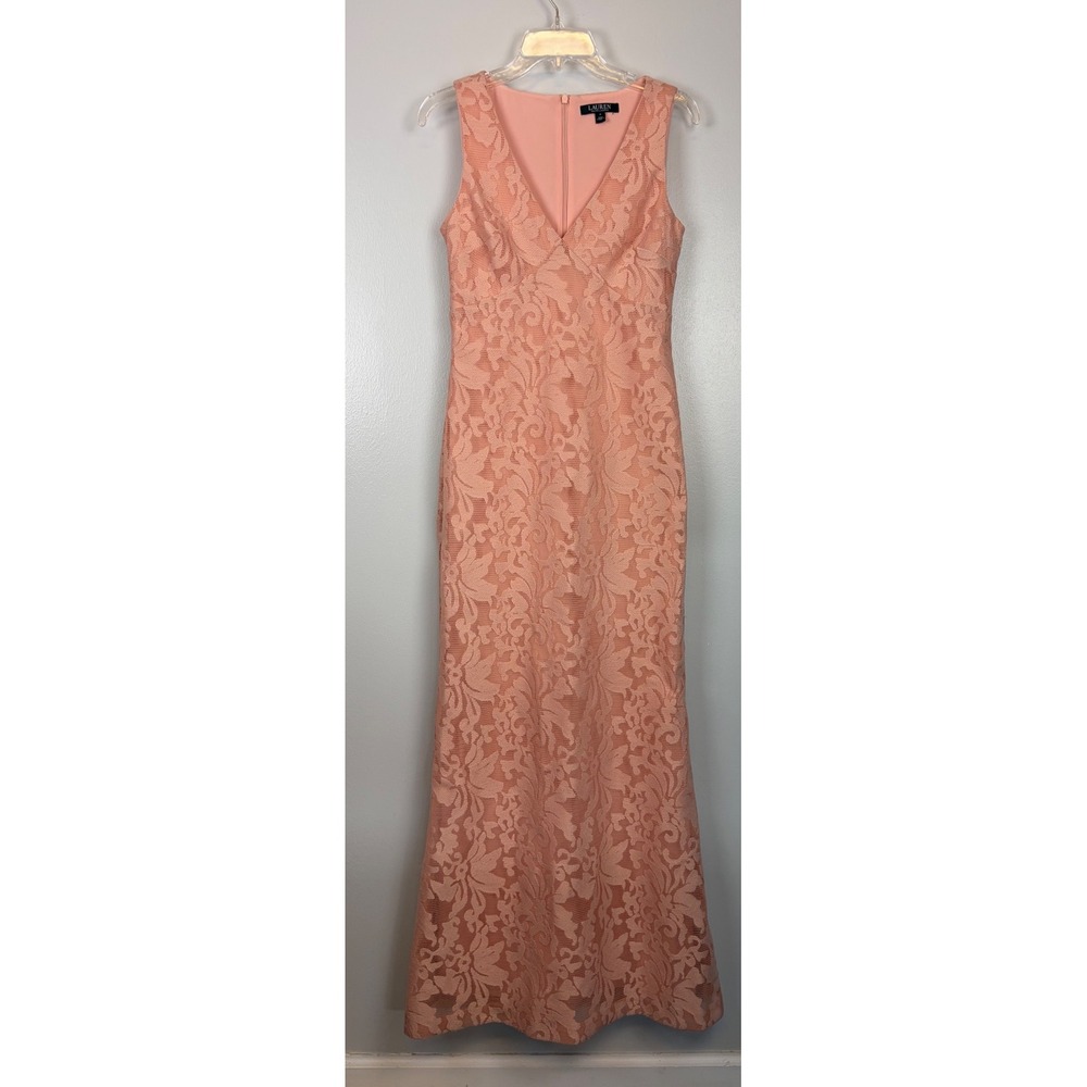 Lauren Ralph Lauren Pink Floral Lace Maxi Gown Dress 4 Feminine Coquette Wedding